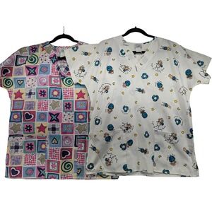 Vintage PL Uniform Company Scrub Tops Set of 2 Patchwork Earth Day Womens M